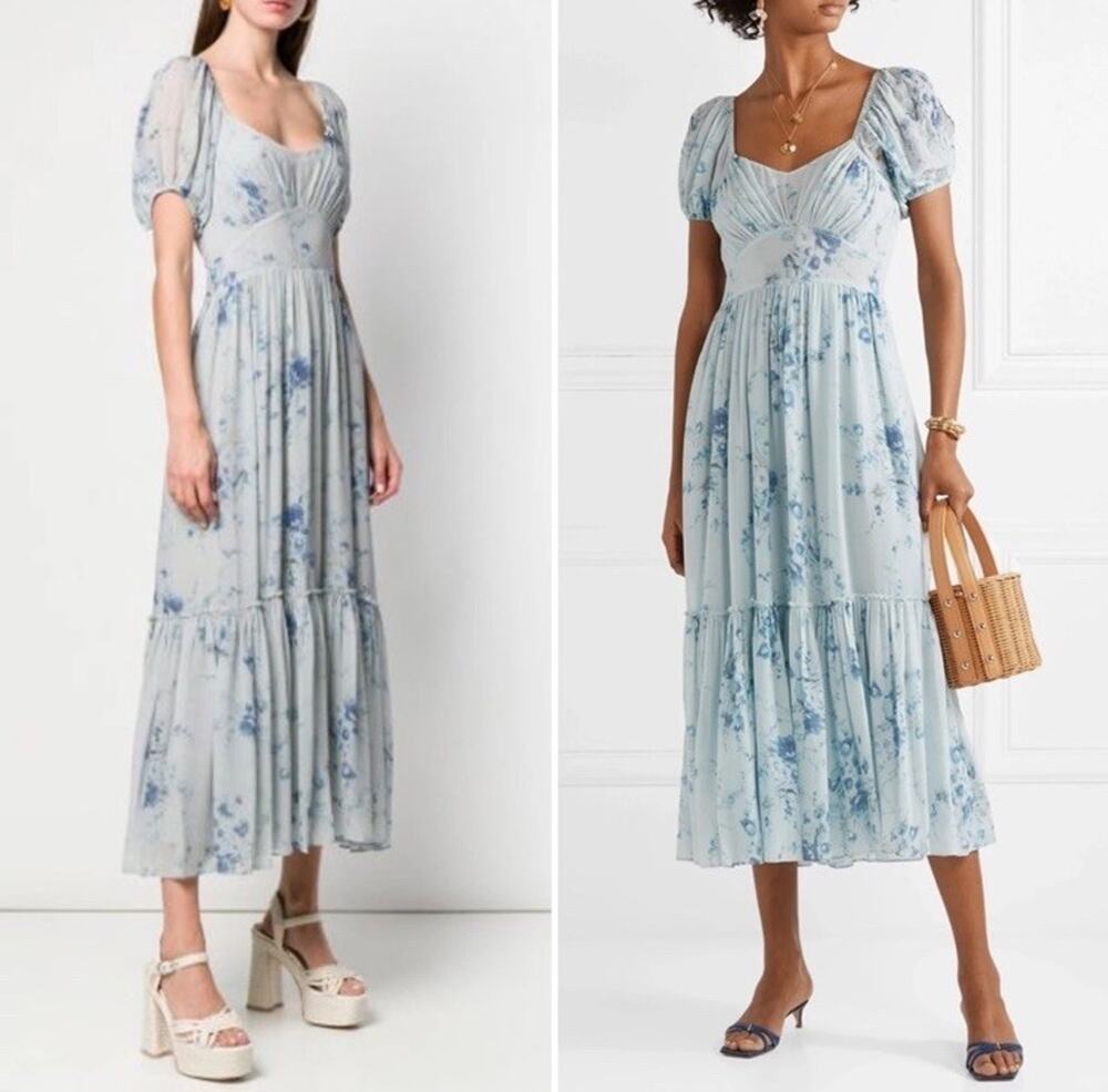 LoveShackFancy Angie Silk Floral Sweetheart Maxi Dress in Celestia Blue Size 4